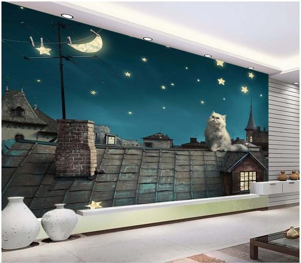 

3d room wallpaper custom p mural a cat watching the moon under a starry sky painting picture 3d wall murals wallpaper for walls 3 d