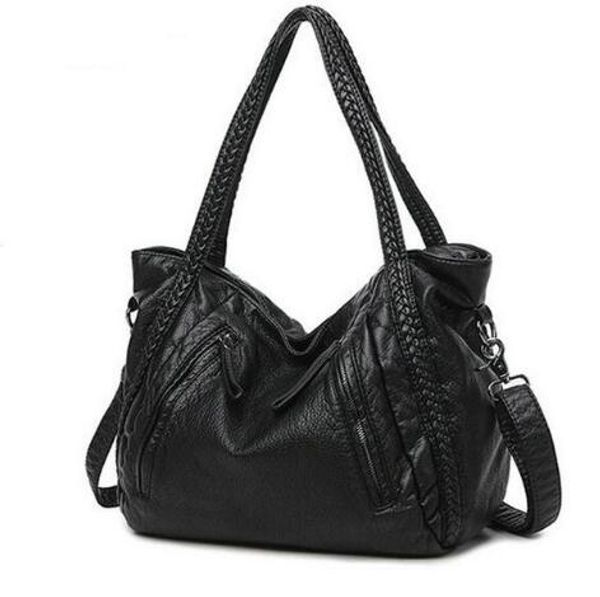 

2017 new quality washed leather bag large capacity women handbag knitting lady shoulder bag big black hobo female cross body bag