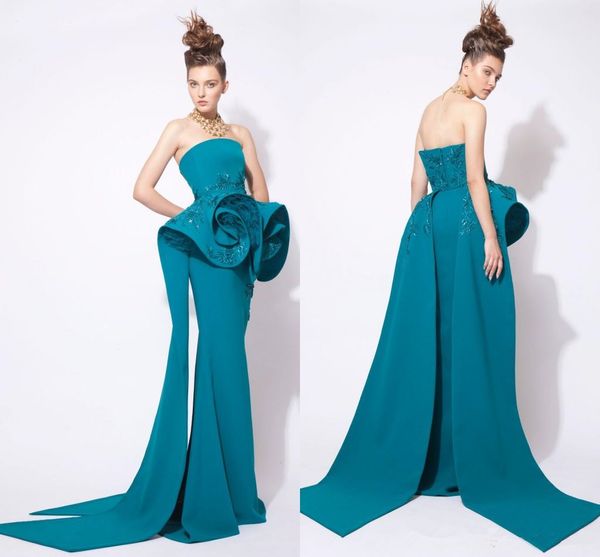 Azzi E Osta Teal Hunter Vestidos de Baile Árabe Oriente Médio Vestidos de Noite Strapless Bateau Lantejoula Frisado Formal Vestido Desgaste