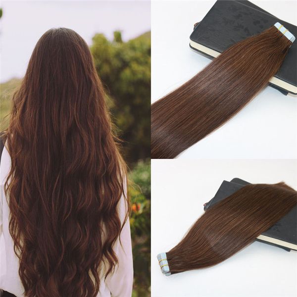 

tape in extensions human hair #4 dark brown 100% skin weft invisible hair extensions double drawn seamless virgin tape on extensions, Black