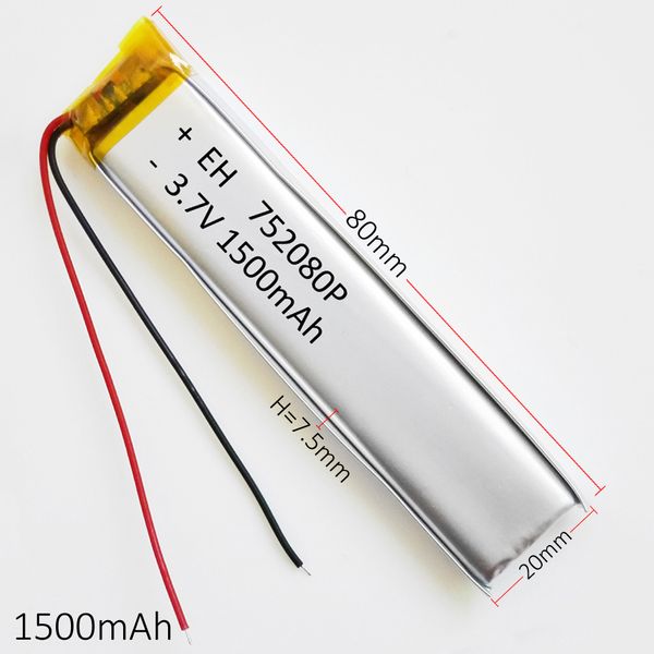 

model 752080 1500mah 3.7v li-po rechargeable battery lithium polymer cell for mp3 dvd pad mobile phone gps power bank camera e-books recoder