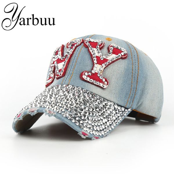 Atacado- [Yarbuu] boné de beisebol com strass snapback chapéu para mulheres ny bordado sol unisex moda algodão bonés bola