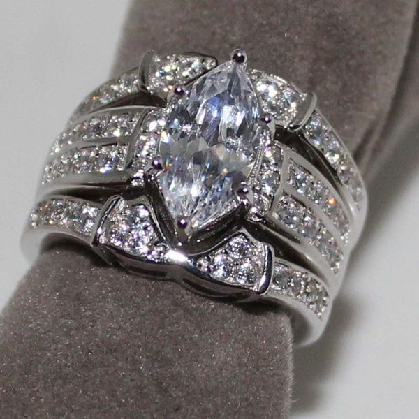 

horse eye zircon crystal wedding ring set for women vintage k white gold plated filled with inlay cz diamond gift party 3-in-1, Silver