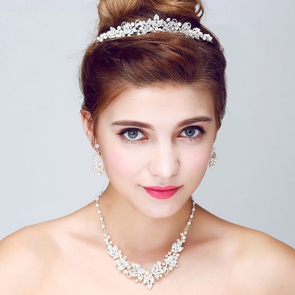 

Silver Rhinestone Wedding Jewelry Sets Handmade Pearl Necklace Earrings Set Fashion Wedding Jewelry Sets For Brides With Tiara