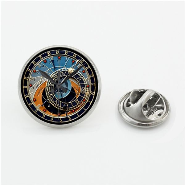 

2017 New Astronomical Clock Lapel Pin Handmade Round Prague clock Butterfly Clasp Pin Steampunk Glass Dome Shirt Collar Pin
