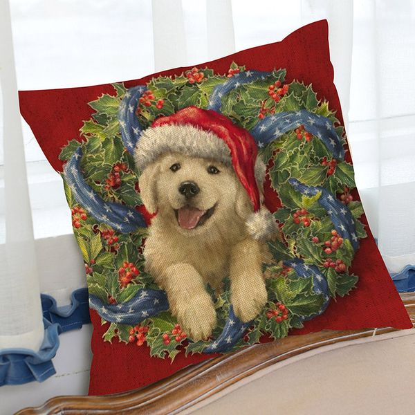 

Linen velvet 3d merry chri tma wreath pre ent anta clau puppie kitty golden retriever printed pillow ofa decorative cu hion cover 45 45