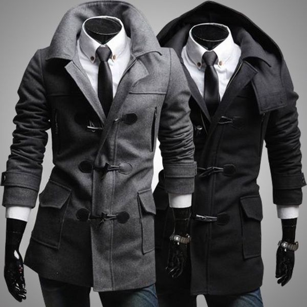 Atacado- 2016 limitado oferta especial com capuz de malha metade xadrez de inverno moda chapéu destacável masculino Outerwear Slim lã casaco homens roupas masculinas