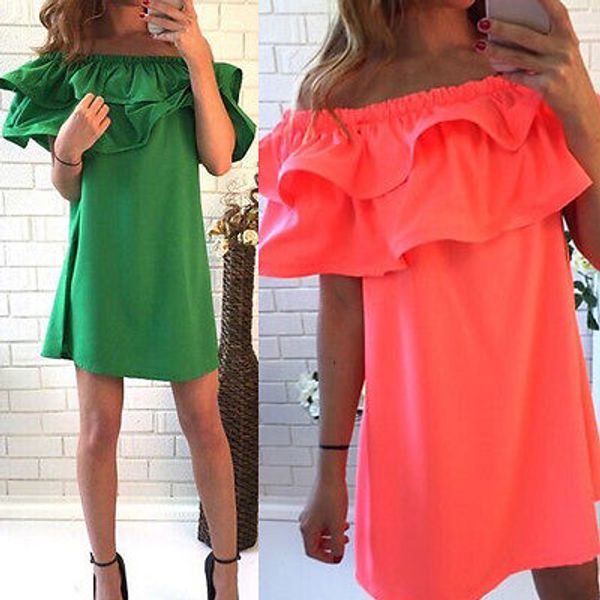 

wholesale woman dress casual mini dresses slash neck a-line petal sleeve ruffle collar summer green orange, Black;gray
