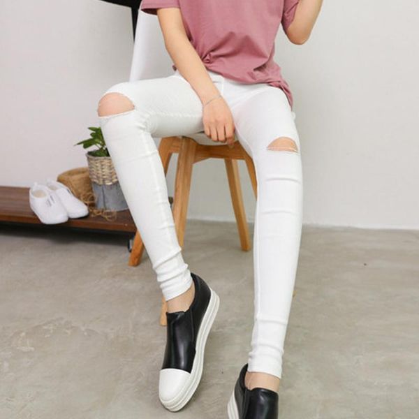 

wholesale- 2017 popular female slim jeans women ripped-holes pants black high waist elastic pencil pants, Blue