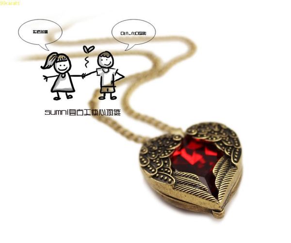 

wholesale-sweater chain lover necklace jewelry complex ruby red crystal stone love angel wings peach heart long pendent necklace jewelry, Silver