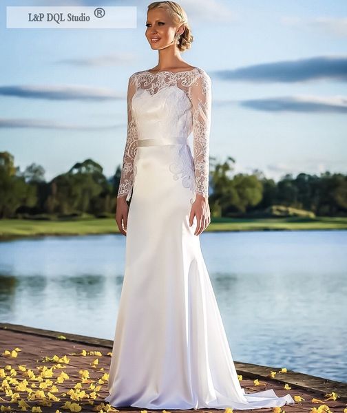 

vintage mermaid wedding dresses satin ivory long bridal gowns scoop lace long sleeves backless wedding gowns, White