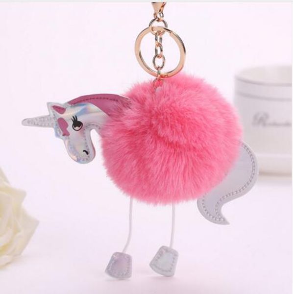 

cute fluffy unicorn keychain faux rabbit fur ball pom pom key chains bag charms trinket pony car key ring horse keychains handbag pendant, Silver