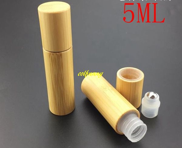 

100pcs/lot 5ml bamboo roll on plastic bottle eyecream container steel roller essential oil lotion cosmetics bottles