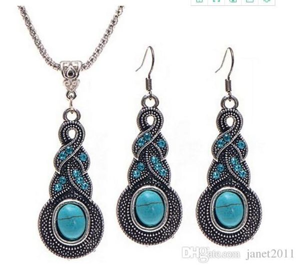 

bottle gourd necklace earring sets womens bohemian vintage turquoise silver plated necklace earring gift for her jewelry sets, Golden;silver