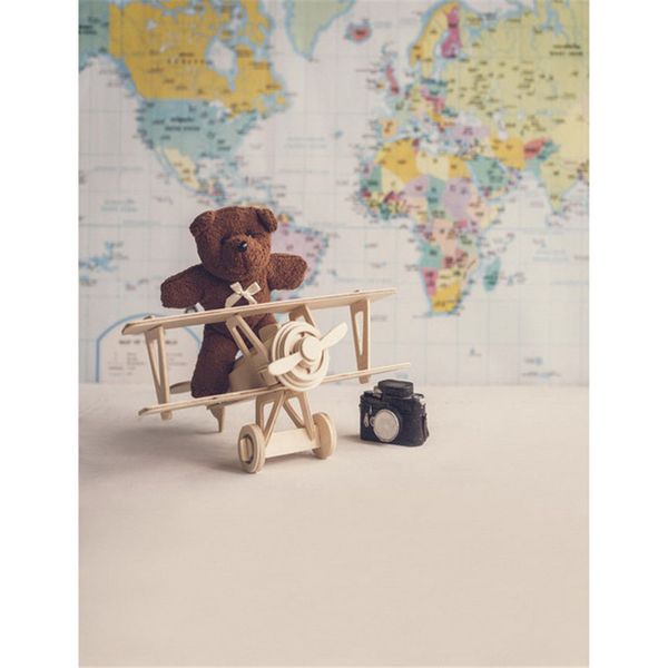 Crianças Bebê Fotografia Cenário Adereços Mapa Do Mundo Tema Photo Studio Back Drop Avião De Madeira Decoração Urso Fundos Internos