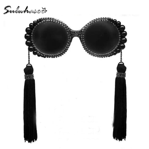 

wholesale-2016 fashion retro tassel baroque pearl sunglasses women's personalized beach rhinestone vintage circle big sun glasses femal, White;black