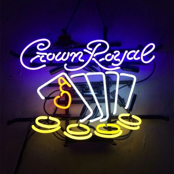 

17 "x14" CROWN ROYAL КАРТ POKER GAME ROOM HANDCRAFT остекленная ТРУБА NEON LIGHT BEER BAR PUB CLUB DISPLAY SIGN