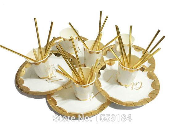 

wholesale- 57pcs foil gold paper tableware celebrate supply paper plates cups straws for family dinner wedding bridal shower