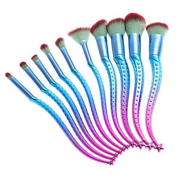 10pcs / set Pennelli per trucco a sirena Set Pennello per trucco con motivo a stella curvo Per fard in polvere Fondotinta Sopracciglio Strumenti cosmetici Trucco Strumento per pennelli