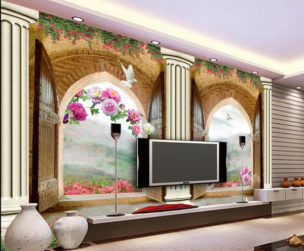 European Style 3d Doors And Windows Three Dimensional Peony Roman