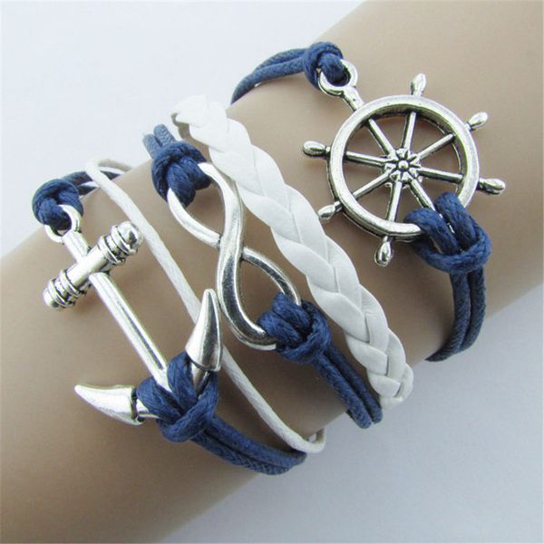 

wholesale-new silver infinite bracelets jewelry nautical rudder anchor blue leather rope bangle bracelet a1, Golden;silver