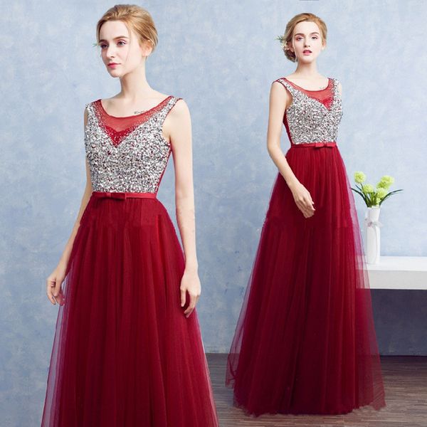 

burgundy scoop neck tulle dress evening wear 2018 elegant long evening dresses new party dress lace up, Black;red