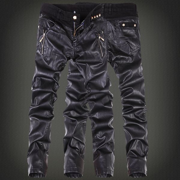 

wholesale- korean fashion cool mens rock leather pants black faux tight skinny plus size 30 31 32 33 34 36 punk trousers
