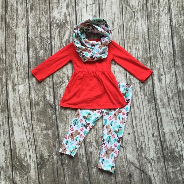 

wholesale- 2016 fall/winter scarf set children cotton suit baby forest animal girls 3pieces red long sleeves pants boutique clothes kids, White