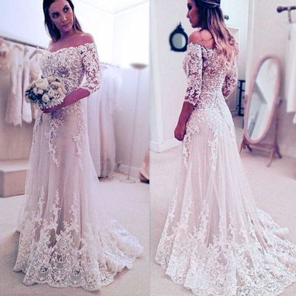 

modest lace off the shoulder wedding dresses bridal gowns 2017 custom made elegant 3/4 long sleeves wedding dress a line sweep train, White