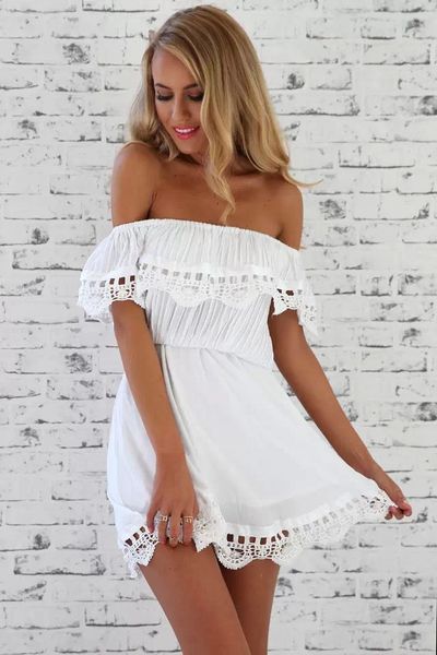 

2017 Fashion women Elegant Vintage lace mini white Dress sexy slash neck casual slim beach Summer dress Sundress vestidos plus size 2XL