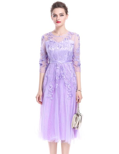 

embroidery luxury women a-line dress 3/4 sheer sleeve dresses 0917131, White;black