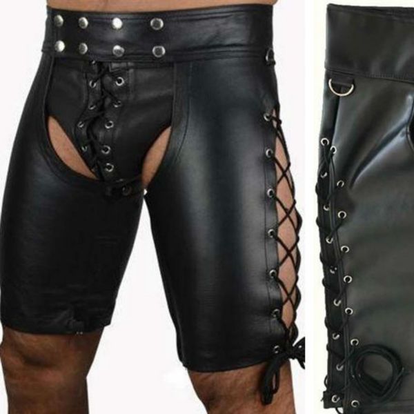 

wholesale- 2017 black tight skinny men's leather shorts buttons and bandage details front faux leather short pants men's casual sh, White;black