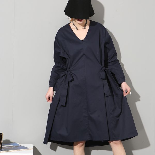 

wholesale- [soonyour] 2017 spring new fashion solid colorlong sleeve bow plus dark blue loose dress women fashion tide temperament as191218, White;black