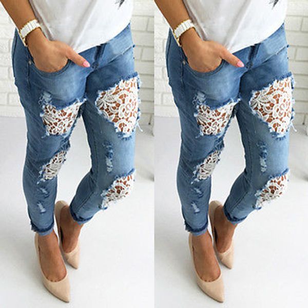 

wholesale- women destroyed ripped distressed slim denim pants boyfriend lace jeans trousers lace jeans, Blue