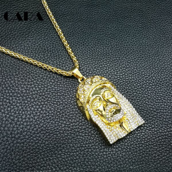 

cara 2017 new hip hop gold color alloy iced out crystal big jesus head pendants necklaces for men christian necklace jewelry cagf0237, Silver