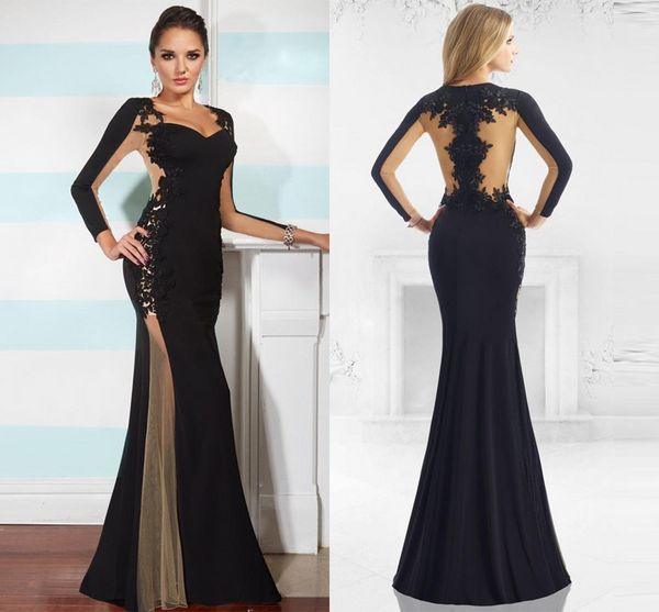 

2017 black red lace chiffon evening dre e ve tido de fie ta robe de oiree long leeve black v neck ee through mermaid prom dre e