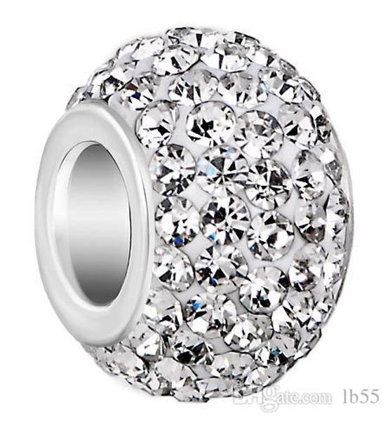 

50 pcs/lot 10mm *12mm white mixed color rhinestone silver plated resin core big hole crystal european beads, loose beads bracelets e2542 w62