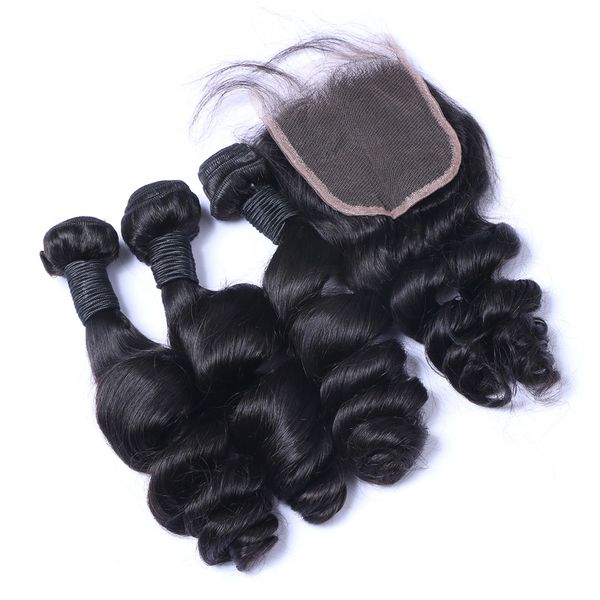 

Brazilian Loose Wave Human Remy Hair Weaves With 4x4 Lace Closure Bleached Knots 100g/pc Natural Color Double Wefts 4pcs/lot Hair Extensions