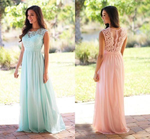 

2020 Cheap Mint Green Bridesmaid Dresses Jewel Neck Sleeveless A Line Lace Junior Bridesmaid Dresses Long Chiffon Maid Of Honor Dress