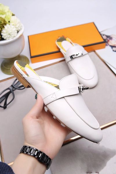 

White Red Light Brown Women's Slippers Flat heel Cover toe Genuine leather Feminino Slides Summer Fall Leisure Shoes