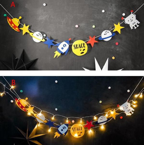 Led Roboter Party personalisierte Banner Weltraum Geburtstag Rakete Schiff Flagge Girlande Bunting mit Lichtern Kinder Park Club Zelt Dekor Geschenk