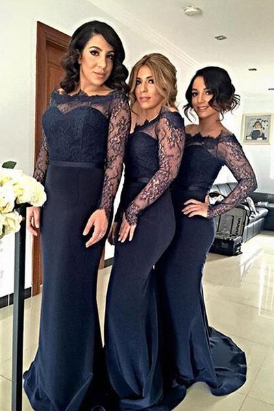 

navy blue bridesmaids dresses long sheer bateau neck mermaid lace wedding guest dress with long sleeves country maid of honor gowns, White;pink