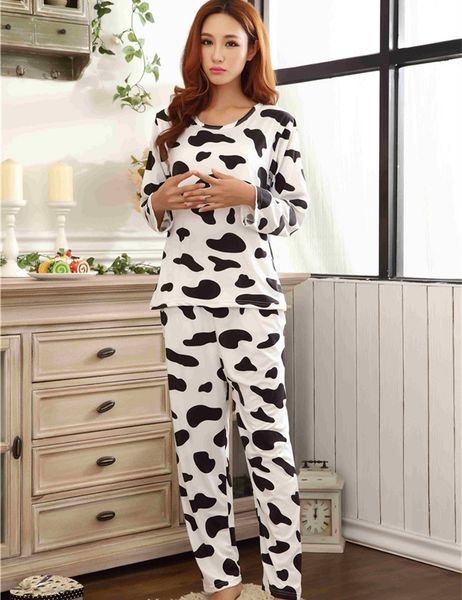 

wholesale- fashion women pijama pyjamas full sleeve women pajamas sets milk cow print sleepwear long pants women nightclothes mlxl, Black;red