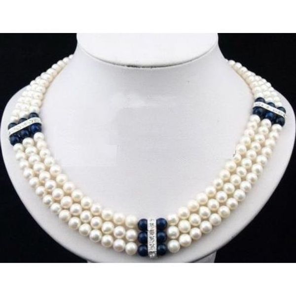 

3 ряд новый натуральный akoya белый черный жемчуг ожерелье 17'-19" 14k, Silver