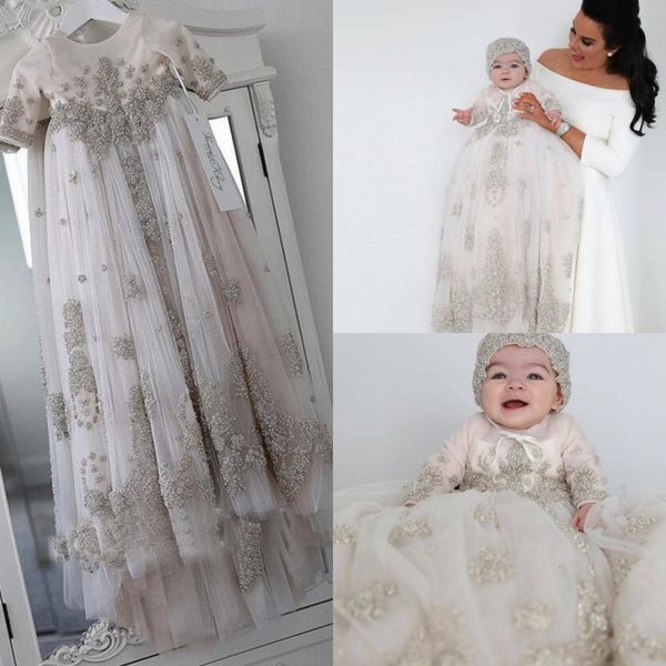 

blush pink crystal christening gowns for baby girls long sleeves lace appliqued baptism dresses with bonnet first communication dr295e, White