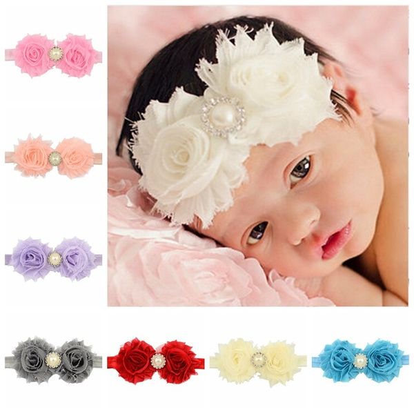 Baby Shabby Chiffon Flower Tulle Lace Headband Pearl Rhinestone