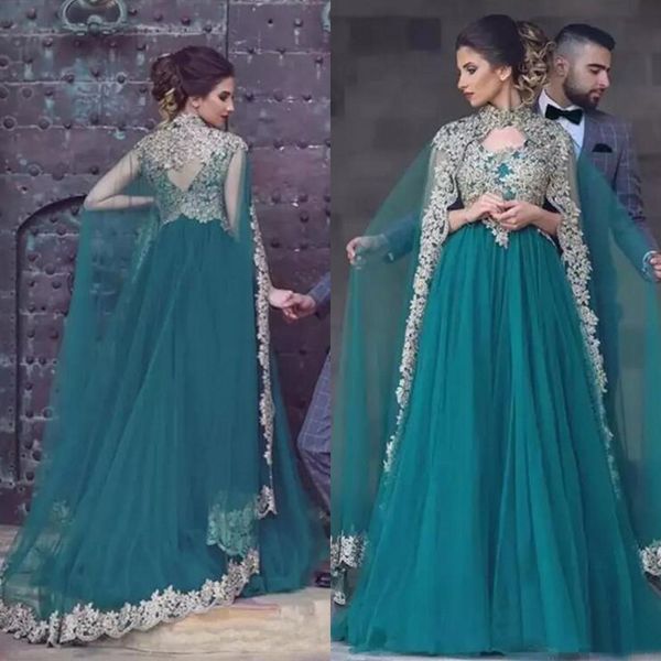 

gorgeous 2018 teal tulle arabic dresses evening wear with pretty lace appliques high collar wraps formal gowns custom made en10078, Black;red