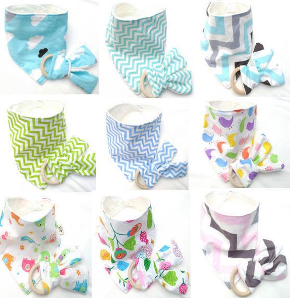 

40 sets new baby triangle bib burp & teethers set cotton bandana kerchief infant saliva bibs pinafore apron wooden chews teeth stick ye006