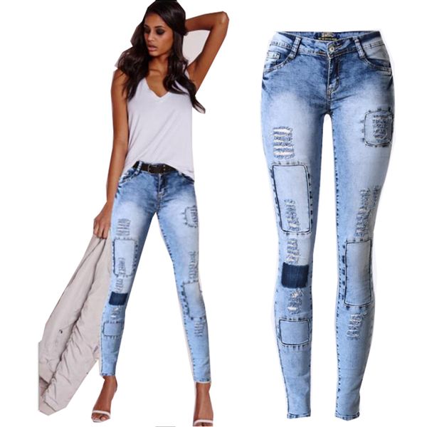 

wholesale- 2017 womens jeans stretch denim pants slim multi-hole patch tide jean trousers skinny low waist blue pencil jean pants