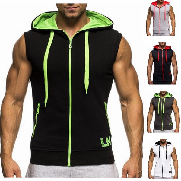 

wholesale- new men hoodie brand sweatshirts workout man sleeveless tees shirt cotton vest singlets hooded undershirt male, Black